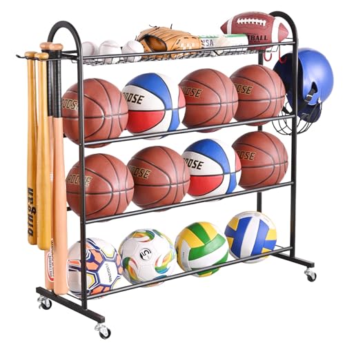 Rolling Ball Storage Rack with Bat Holder and Hooks, Black