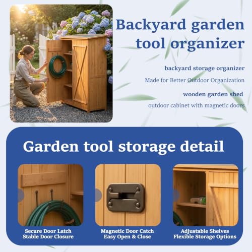 Wooden Outdoor Storage Cabinet, Garden Shed with Double Doors and Shelves, Tool for Patio Backyard, Organizer for Gardening Supplies, Easy Assembly - view 3