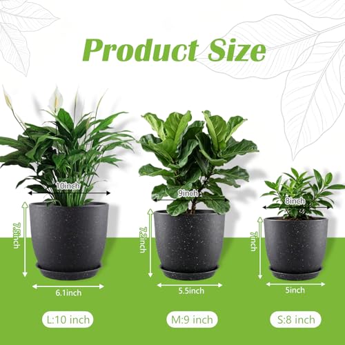 10/9/8 Inch 3 Pack Speckled White Plant Pots with Drainage Holes and Saucers, Indoor Outdoor Decor Planters for Succulents, Herbs and Houseplants - view 2