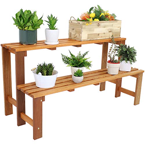 Sunnydaze 2-Tier Wooden Plant Stand for Indoor or Outdoor Use, 47” W