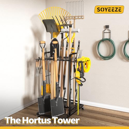 Garden Tool Organizer with Lockable Wheels, Heavy Duty 3-Tier Yard Tower Tool Rack for Garage, Holds Up to 35 Long-Handled Tools, Garden Tool Cart with 12 Hooks for Tool Organization Storage - view 7