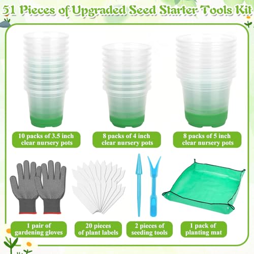 51PCS Reusable Seed Starter Kit Includes 26 Packs 3 Sizes Clear Nursery Pots with Silicone Base, Repotting Mat, Gardening Gloves, Plant Labels and Seedling Tools for Easy Transplant - view 2