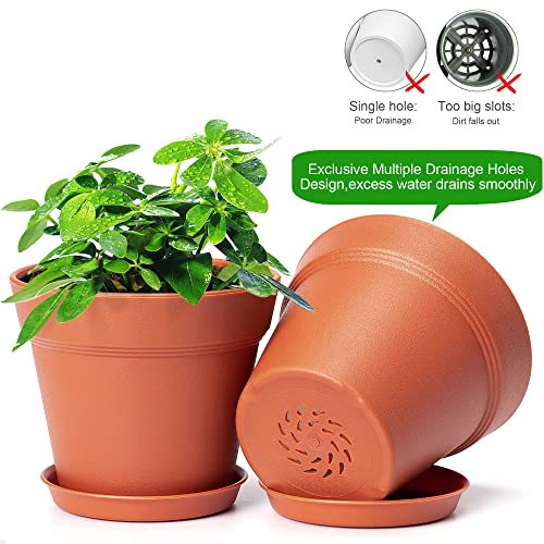 6 Pack 7 inch Plastic Plant Pots with Drainage Holes and Tray, Terracotta - view 3