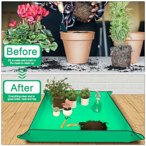 39.5" x 39.5" Extra Large Repotting Mat for Indoor Plants Transplanting and Mess Control, Waterproof Potting Soil Mat Portable Potting Tray Gardening Gift for Women, Green - view 2
