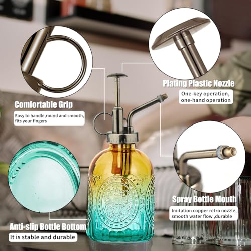 35 oz/1000 ml Metal Indoor Small Watering Can with Long Spout for House Plants Decorative, 12 oz/360 ml Glass Plant Mister Spray Bottle for Bonsai Garden Flowers(Green) - view 3