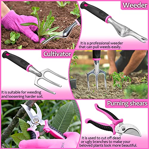 Pink Garden Tools, Gardening Gifts for Women, with 2 in 1 Detachable Storage Bag, Trowel, Transplanter, Rake, Weeder, Cultivator, Purning Shears and 3 Additional Protection Tools - view 4