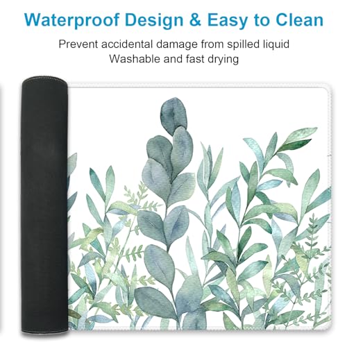 XXL Waterproof Office Desk Pad Protector 35.4x15.7 Inch - Extended Gaming Mouse Pad with Non-Slip Rubber Base, Thickened Keyboard Mat, Stitched Edges & Green Plants Design - view 6