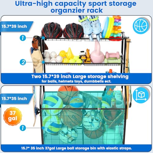 Sport Equipment Organizer for Garage, Steel Basketball Rack with Bat Holder and Hooks, Easy Assembly Storage for Balls, Kids' Toys, Workout Gear, Home Gym, Outdoor - view 3
