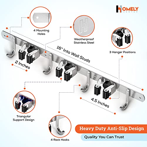 Mop and Broom Holder Wall Mount – Heavy-Duty Closet Organizer for Garage, Kitchen, Laundry Organization – Tool Hanger with 3 racks and 4 hooks - view 2