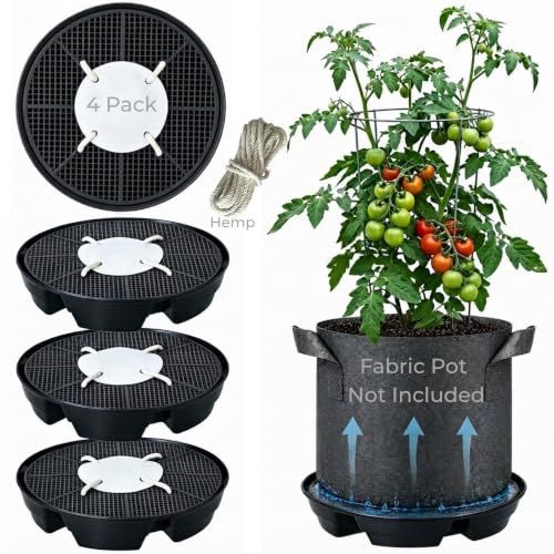 4 Pack Self-Watering Fabric Pot Bases for 5 Gallon Grow Bags, Bottom Watering Plant Saucers with Wicking Irrigation System, Watering Trays for Fabric Plant Pots, Outdoor Greenhouses Grow Tents Gardens
