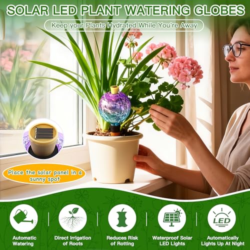 Solar Watering Globe, 17 oz, Purple Blue Crackle Glass with LEDs - view 2