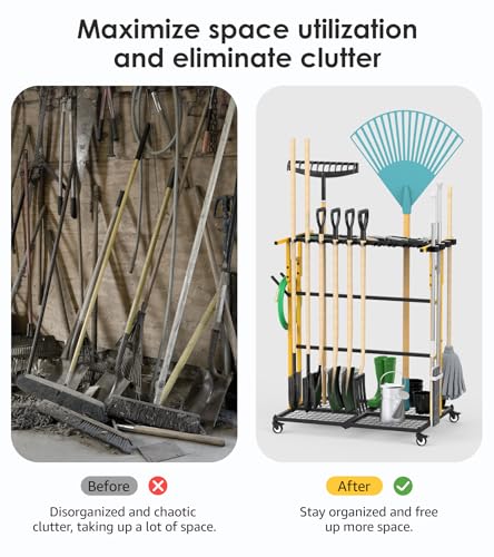 Garage Organization with Wheels, Outdoor Gargen Yard Shed Tools Organizer Cart, Home Storage for Cleaning Supplies Organizer, Broom Holder, for Shovel and Rake, Long Farming and Farming Tools. - view 6