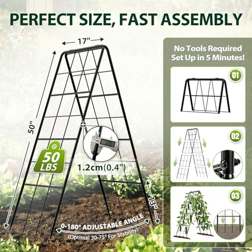 2 Pack 50" Tall A Frame Trellis for Climbing Plants Outdoor (50" X 17") – Heavy Duty Garden Adjustable Trellis, Metal Trellis for Cucumbers, Beans, Tomatoes, Grapes, and Vining Vegetables - view 2