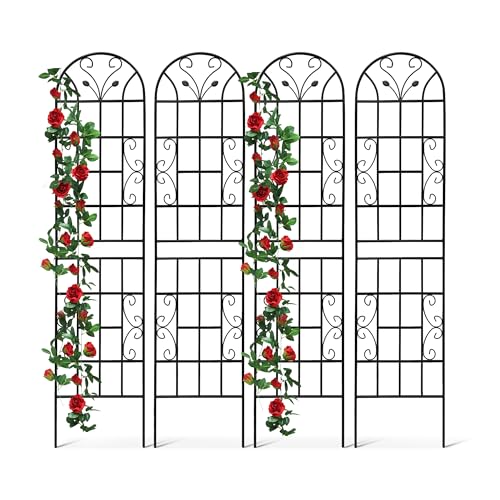 4 Pack Metal Garden Trellis 86.7" Tall Outdoor Climbing Plant Support for Roses, Flowers, Rustproof Durable Black Galvanized Tube, Lawn Garden Fence Decor Screen (4, Black curves-86.7" H)
