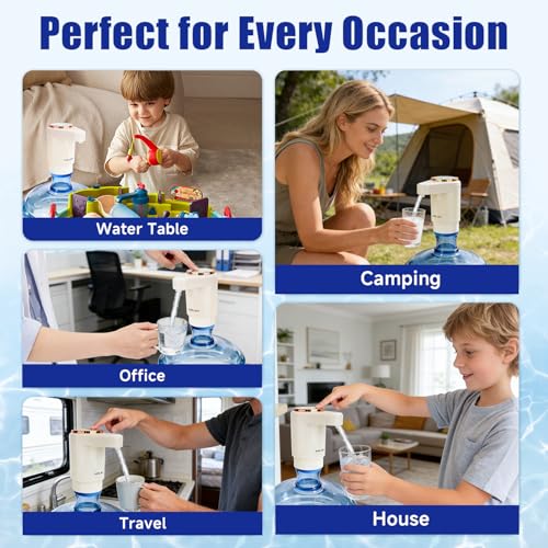 Dual Pump Water Dispenser for 5 Gallon Bottle, Electric Water Bottle Pump with Water Jug Cap, Powerful Flow, USB Rechargeable Automatic for Home, Office, Camping-Beige - view 4