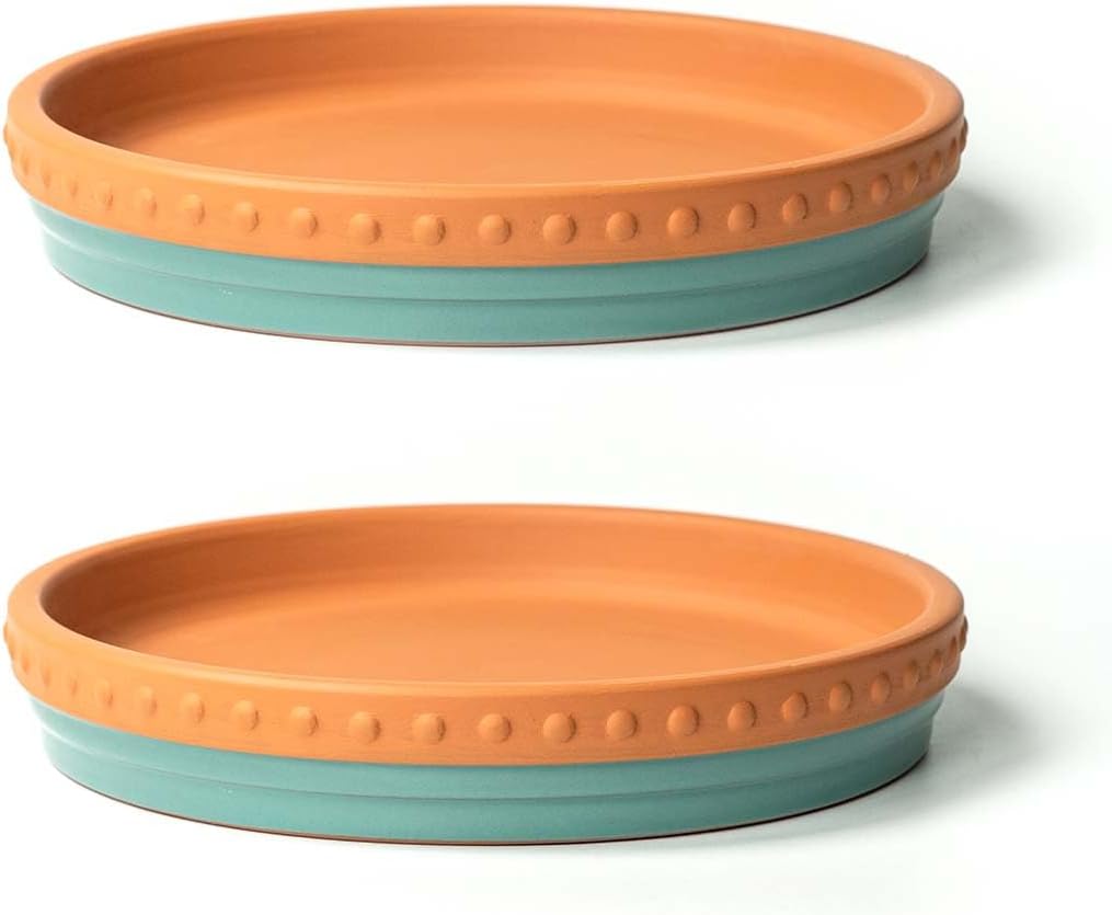Plant Saucers, 8" Plant Trays to Catch Water, 2 Pcs, Premium Terracotta | Glazed turquoise and terracotta ceramic Flower Pot Saucers fit pots up to 7", catches excess water. - view 2