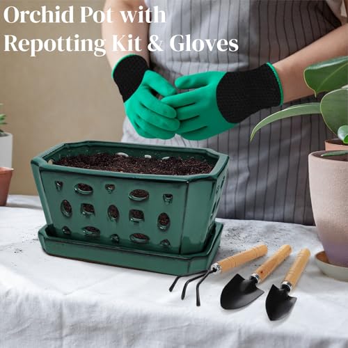 Ceramic Orchid Pot with Saucer & Holes, Large Rectangle Repotting Plant Pot with Gloves & 3 PCS Shovels, Thickened Glazed Decorative Planter, Slotted Flower Container for Good Air Circulation - view 5