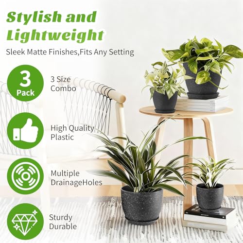 10/9/8 Inch 3 Pack Speckled White Plant Pots with Drainage Holes and Saucers, Indoor Outdoor Decor Planters for Succulents, Herbs and Houseplants - view 4