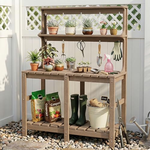 Outdoor Potting Bench with 3 Tier, All-Weather Patio Potting Table with Tool Hooks, HDPE Gardening Table for Backyard, Garden, Brown - view 2