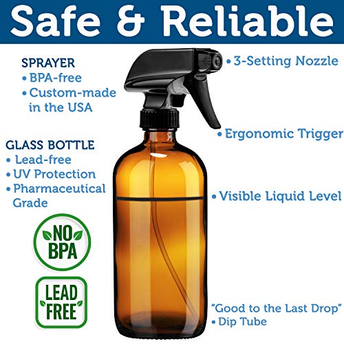 Empty Amber Glass Spray Bottle - Large 16 oz Refillable Container for Essential Oils, Cleaning Products, or Aromatherapy - Black Trigger Sprayer w/Mist and Stream Settings - 6 Pack - view 4