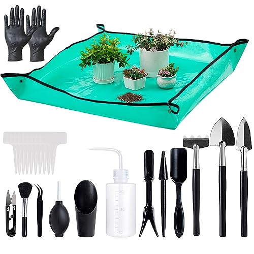 25Pcs Mini Garden Hand Transplanting Succulent Tools Set, 39.4" Thickened Repotting Mat & Plant Tag, Miniature Planting Indoor Fairy Care, Potting, Cactus, Houseplant Bonsai Tool Kit (Black)