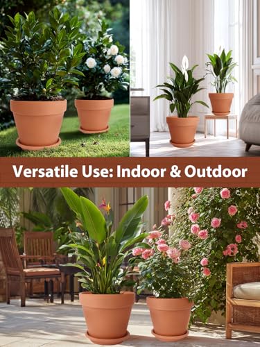 Terracotta Pot with Saucer 10&12 Inch - Ceramic Clay Pot for Plants with Drainage Hole, Large Terra Cotta Flower Planter with Tray for Indoor Outdoor Plants - view 6