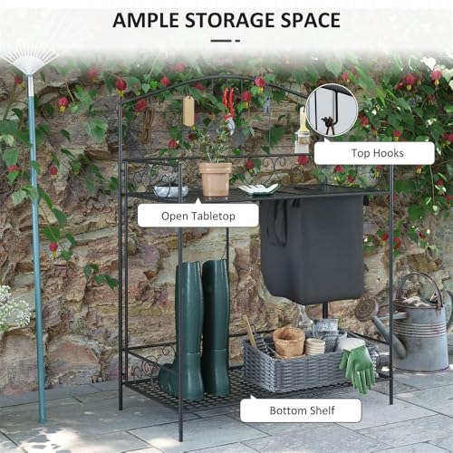 Folding Potting Bench Table, Metal Garden Workstation, Work Bench with Build-in Bag, 5 Hanging Hooks & Storage Shelf, Outdoor Table Potting Shelf for Plant Accessories & Gardening Supplies Storage - view 3