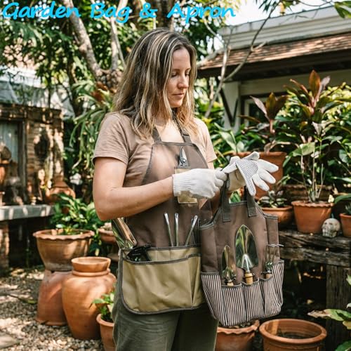 Garden Tool Set, 12 Pieces Heavy Duty Gardening Hand Tools with Garden Tools Organizer Handbag, Apron, Rust-Proof Stainless Steel Gardening Kit, Wood Handle, Ideal Garden Gifts for Women Men - view 2