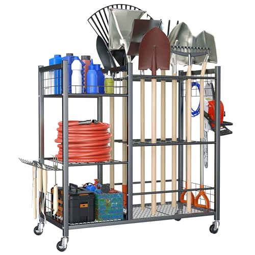 Garden Tool Stand with Wheels, Rakes Shovels Holder Yard Tools Organizer for Garage, Garden, Shed Indoor/Outdoor Long-Handled Tools Cart(Tool stand with side shelves)