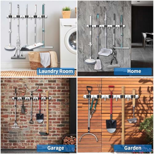 Broom Holder Wall Mount, Stainless Steel Broom Hanger Wall Mount, Heavy Duty Mop and Broom Holder Tool Racks Utility Hooks for Laundry Room Garden Garage, Grey (5 Racks and 4 Hooks) - view 5