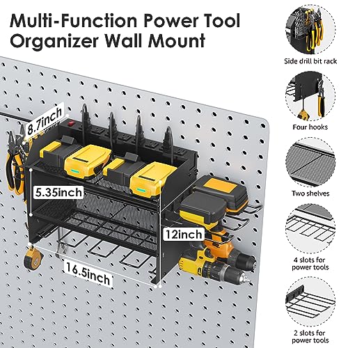 Modular Power Tool Organizer Wall Mount Charging Station, Black 6 Drills Holder with 8 Plug Power Strip 10FT, Garage Drill Battery Heavy Duty Metal Shelf, Utility Rack with Hooks, Side Storage. - view 6
