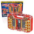 Ontel Storage & Organizer Case w/Tester, Stores & Protects Up to 180 Batteries, Double-Sided, Clear Locking Lid, Secure Latches & Portable Carrying Handle - Red (Batteries Not Included)