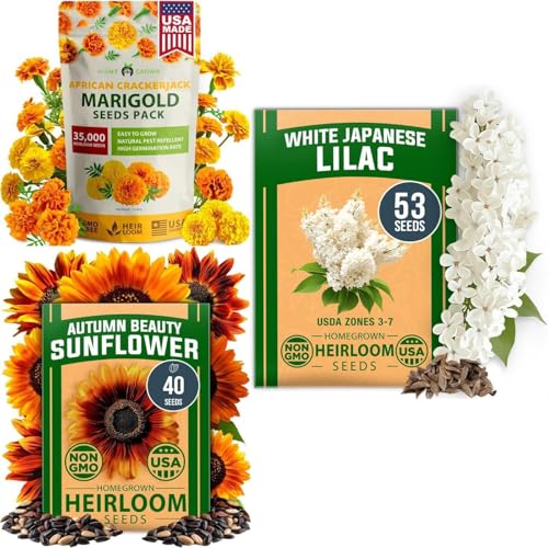 Flower Garden Pollinator Bundle – 35,000+ Non-GMO USA Seeds: Japanese White Lilac, Crackerjack Marigold & Autumn Beauty Sunflower for Outdoor Planting & Vibrant Blooms