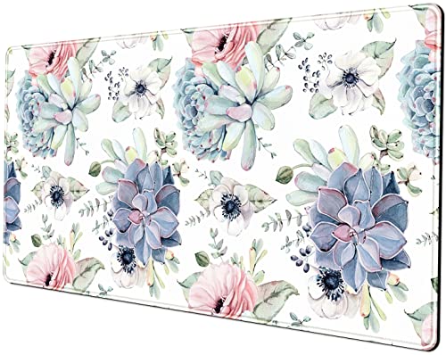 Watercolor Succulents Desk Mat, Plants Succulent Roses Desk Pad Protector, Large Gaming Mouse Pad, Stable Rubber Base Mousepad with Stitched Edges, Keyboard Mouse Mat for Work, Game, Office, Home