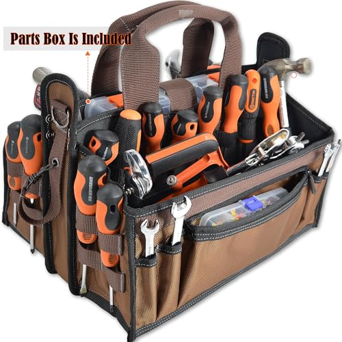 20-Pockets Tool Tote Bag,16" Brown Open-Top Electrician Tool Bag - view 4