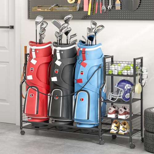 Golf Bag Storage Rack for Garage with Wheels, Organizer for Golf Bag and Equipment Accessories, Golf Organizer Stand Ideal for Home, Garage, Club, Shed, Basement - Sturdy and Durable (Black) - view 4