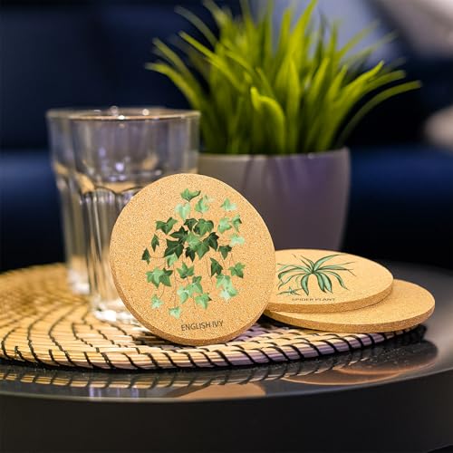 Plant Coasters for Drinks with Holder Set of 6, Illustration Absorbent Cork Coaster for Cup Desk Office Table Kitchen Decor House Warming Gifts for New Home Couples, Round 4" - view 6