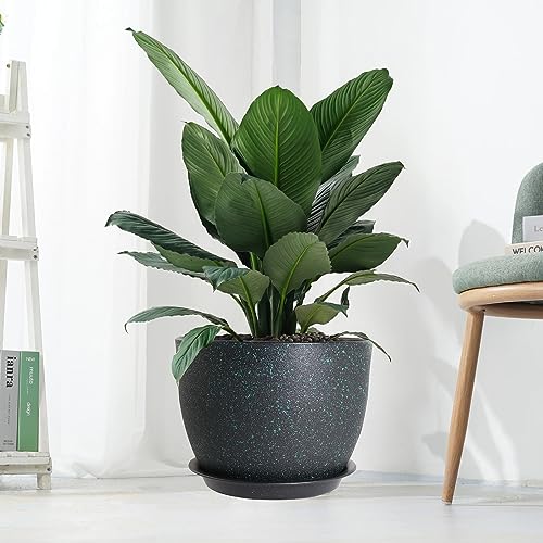 12/10/9 Large Modern Plant Pots, Plastic Planters with Drainage Holes and Saucers for Indoor Outdoor Plants Flowers, Black with Green Speckles - view 7