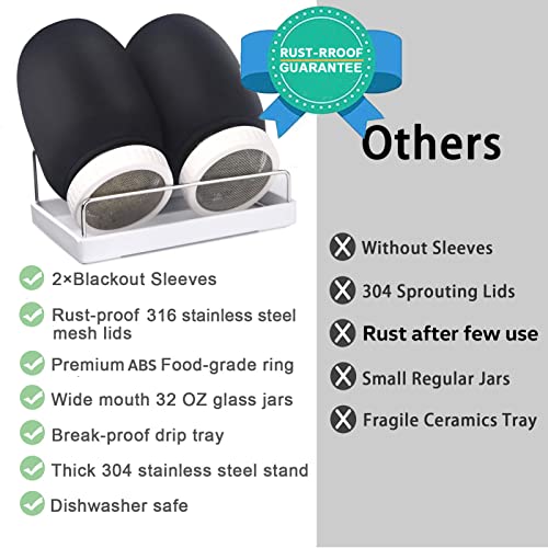 Complete Sprouting Jar Kit| 2 Wide Mouth Mason Jars, 316 Screen Sprout Lids, Blackout Sleeves, Tray, Stand| Sprouter Set for Growing Broccoli, Alfalfa and More-Seeds not Included - view 3