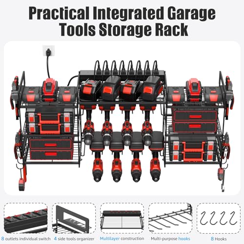 Black Power Tool Organizer Wall Mount, Large Tools and Battery Storage Rack Charging Station Individual Switches. Drills Holder, Garage Utility Shelves with 6FT Power Strip. Gift for Men. - view 6