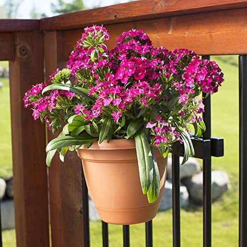 Deck Railing Plant Container Holder/Bracket Kit for Round Pot Planters (10") Connects Harmlessly to Vertical Spindled Railings - Adjustable Height - Heavy Duty Plant Hanger
