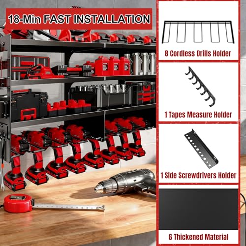 33" W Power Tool Organizer with Charging Station, 4 Layers Heavy Duty Metal Tool Storage Rack Wall Mount 8 Cordless Drill Holder with 4 Power Strip, Battery Organizer for Garage, Workbench,Tool Room - view 3