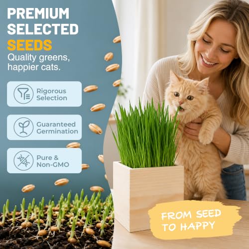 Cat Grass Kit Indoor Cats - Cat Grass Growing Kit with Wooden Planter, 3 Plantings with Wheatgrass Seeds, Coconut Soil Discs & Gardening Tool, Indoor Cat Garden Gift - view 4