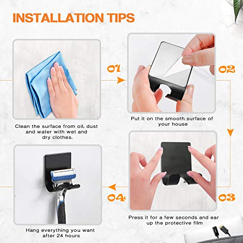 Razor Holder Shaver Hook Hanger Stand Caddy (4 Pack) Self Adhesive Stick on Hook Heavy Duty Stainless Steel Phone Holder for Shower, Tools for Hanging Washcloth Towel Loofah for Bathtub Wall, Black - view 5