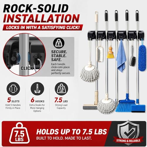 Broom Hanger Wall Mount Broom and Mop Organizer Wall Hanging Garden Tool Organizers Rack Garage Laundry Room Organizations and Storage with Hooks Heavy Duty - view 2