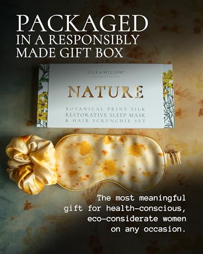 SILK & WILLOW - Botanical Print Pure Mulberry Silk Eye Mask & Scrunchie Gift Set, Luxurious Sleep Eye Mask & Hair Accessory Bundle, Durable Nature-Considerate Wellness Gifts for Women, Marigold Yellow - view 7