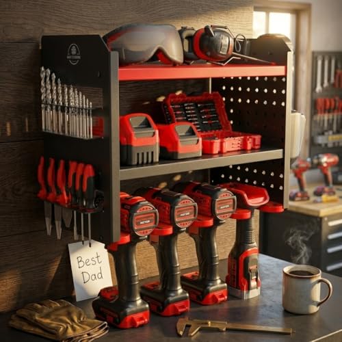 Power Tool Organizer Wall Mount – 3-Tier Heavy-Duty Steel Rack, 4 Drill Slots, Pegboard + Utility Side, 100 lb Capacity – Garage, Workshop & Shed Storage (Red) - view 6