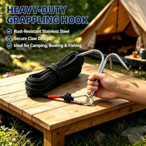 Grappling Hook with 3-Claw Stainless Steel,3 Claw Climbing Carabiner Hook for Retrieving,Outdoor Hiking,Tree Limb Removalr,Salvage. - view 6