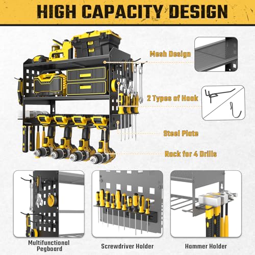 Power Tool Organizer, Drill Holder Wall Mount with 2 Side Pegboards with Hooks, 3 Layer Garage Organization Heavy Duty Tool Organizers Utility Rack for 4 Drill Holders Black - view 3