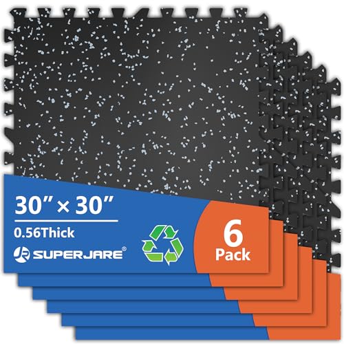 30" x 30" Larger Rubber Top Exercise Equipment Mats, 0.56" Thick 6PCS 37.5 Sq Ft High-Density EVA Foam Interlocking Gym Flooring, Big Workout Mat for Home Gym, Floor Protection, Black/Grey